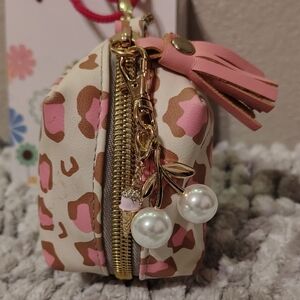 Leopard Print Coin Purse/Key Chain with Pink Accent & Cherry Charm